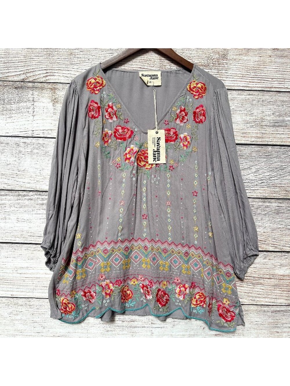 Savanna Jane Gray Floral Embroidered Boho Blouse,NWT. 2x